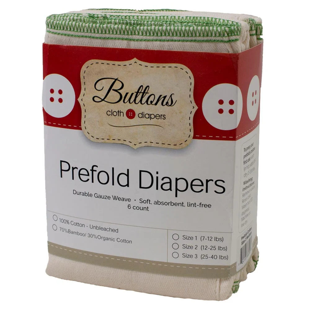 Buttons Bamboo/Cotton Prefolds - 6 Pack - Size 3 (25-40lbs) 55% bamboo/45% cotton