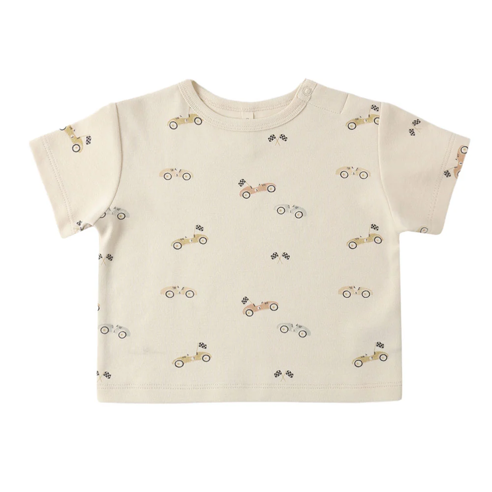 Quincy Mae Boxy Tee - Natural Race Car (Size 6-12m)
