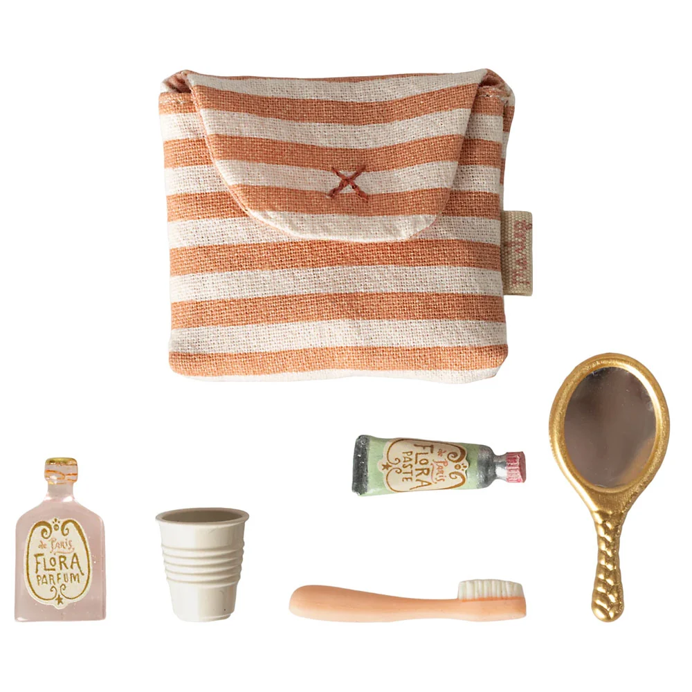 *Maileg Toothbrush Set in Bag for Mouse - Coral Stripe - Image 2