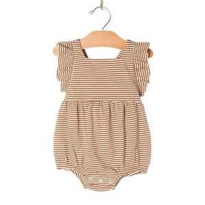 City Mouse Overall Flutter Romper - Toffee Stripe - 3-6m