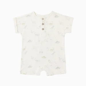 Quincy Mae Short Sleeve Romper - Ivory Dinosaurs - 0-3m