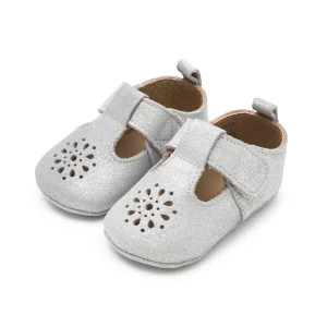 Sherick Fredermen Gloria Leather Eyelet T-Bar Shoes - Silver Glitter - Large (12-18m/1.5y) Pre-Walker Sole