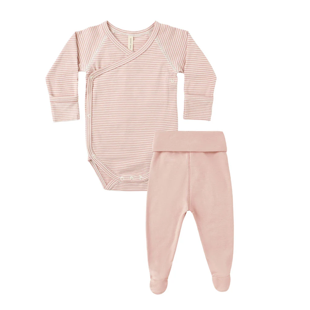 Quincy Mae Side Snap Bodysuit + Pant Set - Rose Micro Stripe (Size Newborn)
